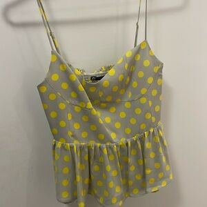Zara silk spaghetti top gray with yellow polka dots. Size small. Never worn
